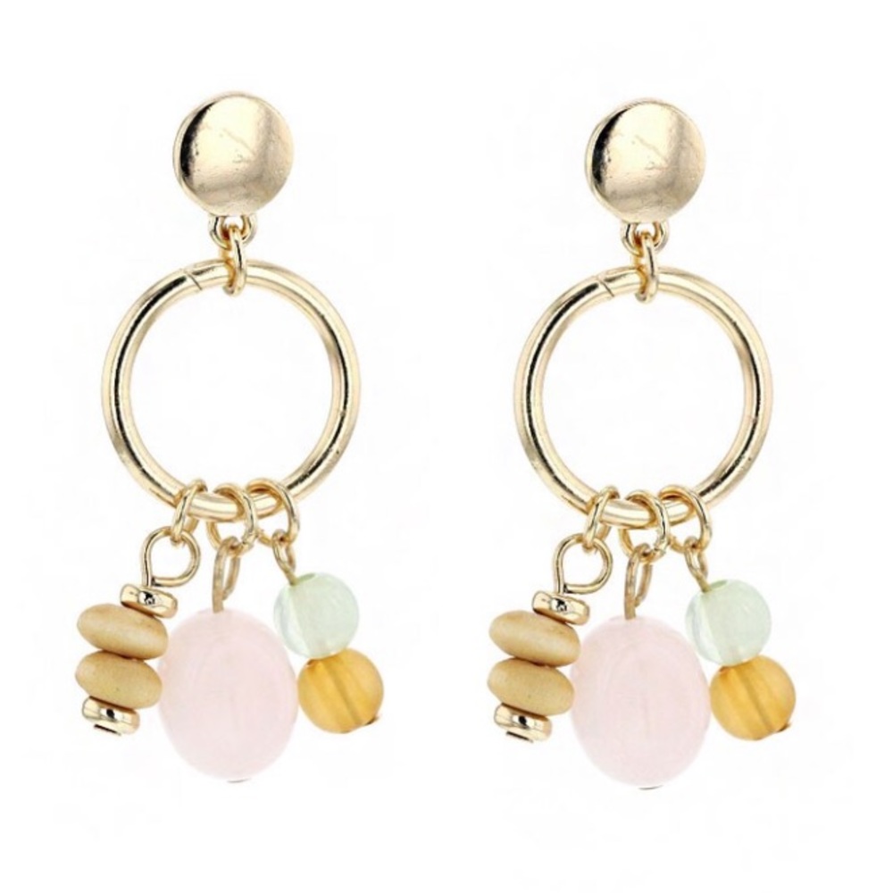 NEW, Carol Dauplaise gold hoop wood and stone earrings